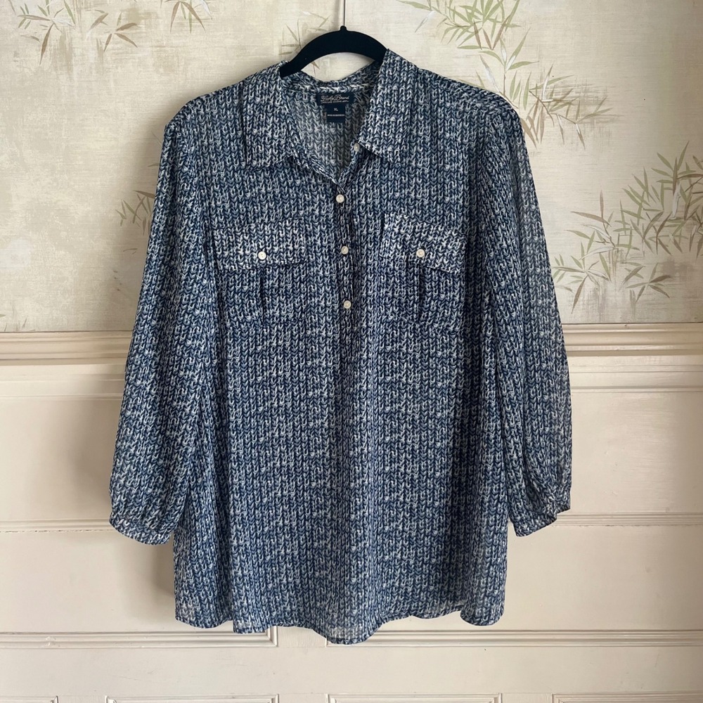 Lucky Brand Navy Geometric Chevron Button Down Blouse Long Sleeve Boho Career XL